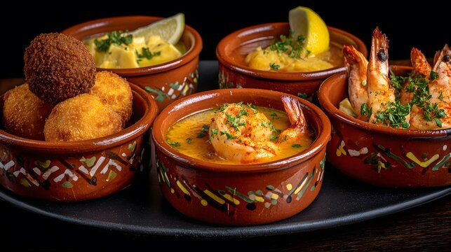 Savor the tastes! This food photo showcases a medley of tapas with crispy croquettes, creamy dips, and succulent shrimp served in rustic ceramic bowls, creating a culinary delight. - Powered by Adobe