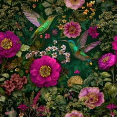 Obraz premium Hummingbird Pattern With Colorful Birds and Flowers in Vibrant Shades for Childrens Decor and Playful Designs