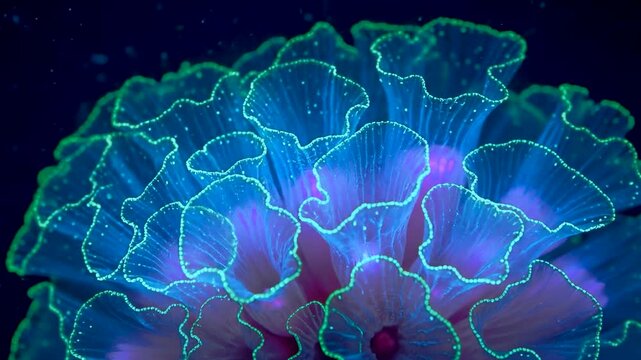 Macro glowing bioluminescent coral reef, neon blue and purple sea anemone, deep ocean marine life, abstract underwater background, fluorescent organic texture