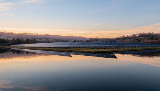 Vast solar farm at sunset reflecting on calm water, sustainable energy landscape serene