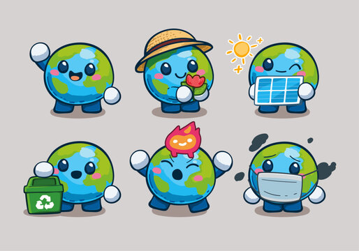 Cute Earth mascot character set, eco friendly sustainability concept, vector illustration