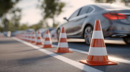Safety cones stand in a row on asphalt. Car in the background. Focus is on the first cone with orange and white stripes, providing high visibility & clear demarcation.