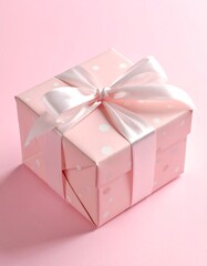 Fototapeta premium Elegant Pink Gift Box with Satin Ribbon on Matching Background.