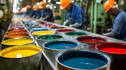 A vibrant array of colors lines the factory floor as workers in safety helmets oversee production. A spectrum of hues, from deep blues to sunny yellows, ready for use.