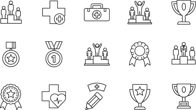 Outline icon set with awards, podiums, trophies and medical symbols for achievement, competition and healthcare concepts