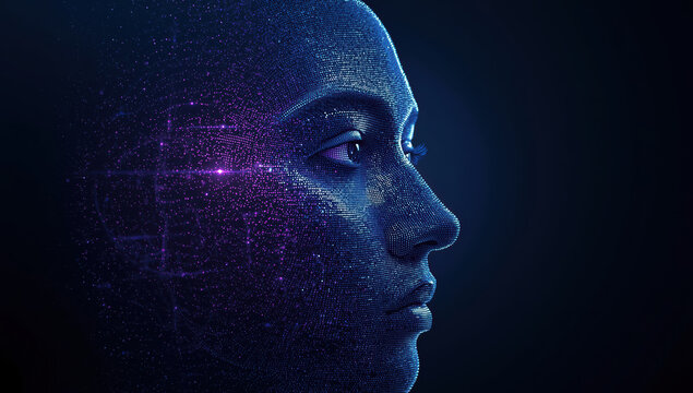 Digital female face of artificial intelligence in profile glowing with data and emotion
