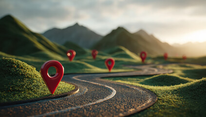Red location pins along a winding road through green hills symbolising travel routes navigation and journey planning