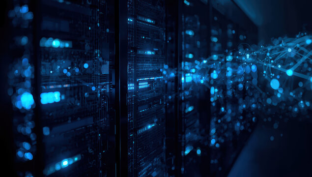 Data center server rack with glowing blue network lights and digital connection visualization