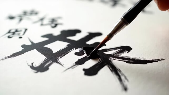 Hand holding brush painting bold black chinese calligraphy strokes with ink splatters on beige paper, dynamic close up of traditional writing, chinese new year, asian art, cultural education