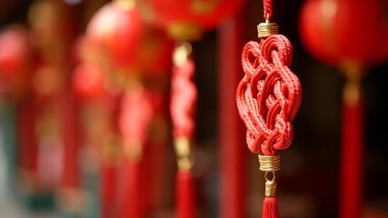 Red chinese knot ornament hanging with golden tassel and intricate weave, traditional endless knot symbol against blurred red lanterns in festive bokeh background, lucky prosperity charm,