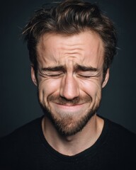 man forced smile under pressure