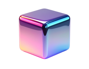 Iridescent, smooth, rounded cube against a stark black background