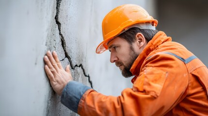 Examining a concrete wall, a construction worker assesses cracks, hand gently tracing the damage. Wearing a safety helmet, the focused worker evaluates the structural integrity.