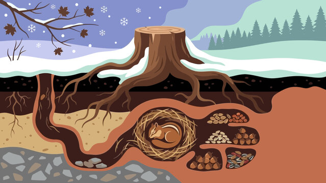 Winter Underground Cross-Section &mdash; Chipmunk, Fox, Rabbits, Owl and Kits Sheltering and Storing Food Beneath a Snow‑Covered Tree Stump