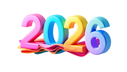 Colorful, glossy 3D numerals spelling out the year 2026
