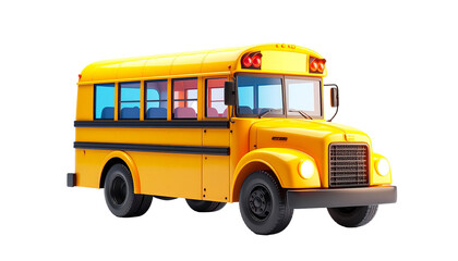 Cartoon-style school bus, bright yellow, side view, on transparent background