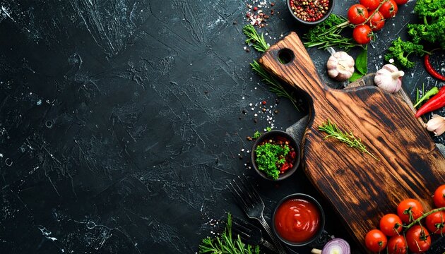 Banner for dark cooking. On the kitchen table are spices and vegetables. view from above. Make room for your text