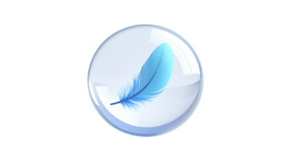 A stylized blue feather floating inside a translucent, glassy sphere on black