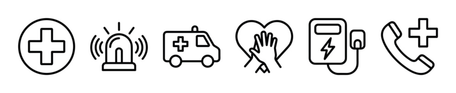 Medical emergency line icon set showing ambulance, siren, defibrillator, heart care, and emergency call symbols