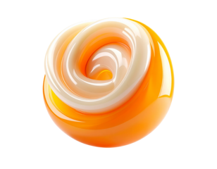 Glossy, abstract 3D shape, swirling orange and cream colors, black background