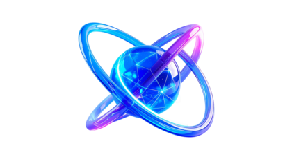 Abstract orb with interconnected rings, glowing neon blue and magenta