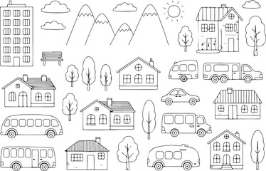 Naklejka premium Hand Drawn Cityscape Icons with Houses Cars Trees and Mountains Outline Set