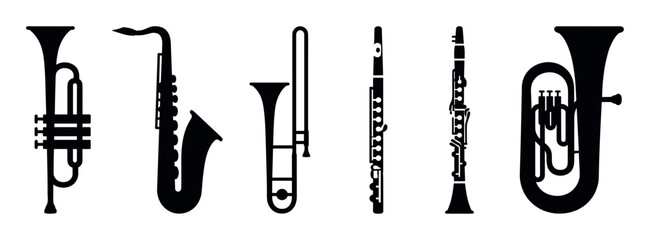 Collection of black musical instrument silhouettes including a trumpet, saxophone, trombone, flute, clarinet, and tuba, presented as a graphic vector icon set