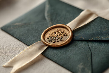 Elegant green envelope with blank paper card, adorned with wax seal and ribbon, perfect for wedding invitations or romantic letters on a green background