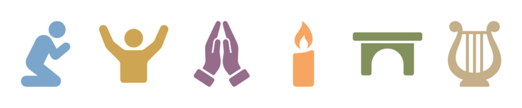 Set of colorful religious worship icons including a kneeling person, praise, praying hands, candle, altar, and lyre, in a flat minimalist style