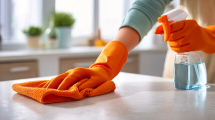 Hands in bright orange gloves are cleaning a kitchen counter with a rag, while a spray bottle sits nearby in a sunlit space, emphasizing household chores