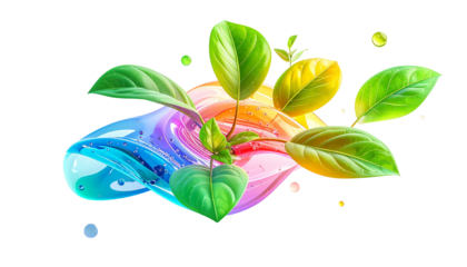 Lush green plant with vibrant leaves surrounded by colorful, flowing liquid