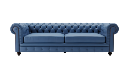 Blue velvet chesterfield sofa isolated on transparent background with tufted backrest and rolled arms