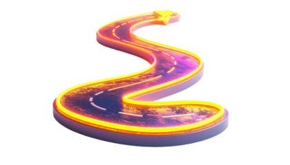 Animated winding road, neon lit with a yellow arrow, black background