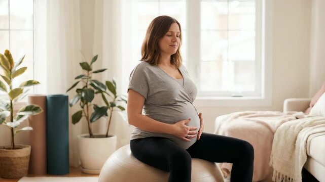 Pregnant woman with calm and mindful mood practicing prenatal relaxation while sitting on a fitness ball against a bright cozy home interior background