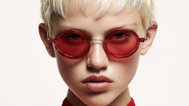 Young person in bold red sunglasses with blonde pixie cut, having a confident and edgy look, expressing modern beauty and a unique style