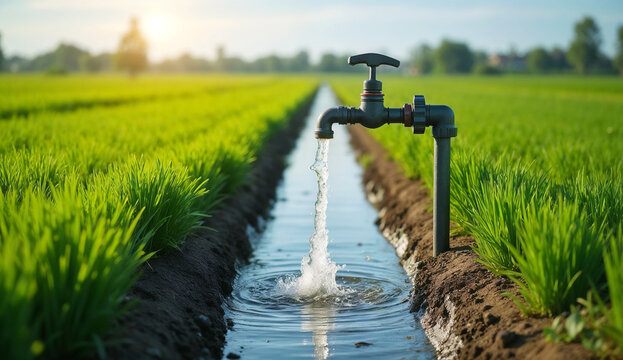 Water pump shoots a powerful stream of water into a narrow irrigation canal in the middle of a lush green agricultural field.
