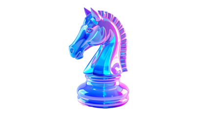 Holographic chess knight on black background, showcasing vibrant colors