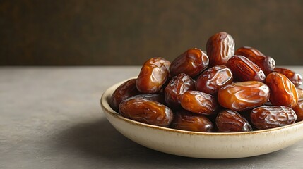 Obraz premium A bowl filled with plump, brown dates against a neutral background