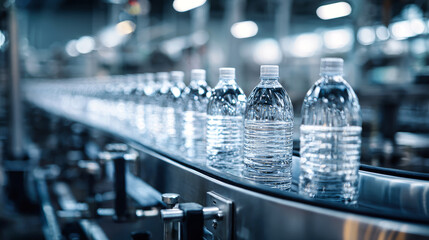 Mineral water bottles glide smoothly along a shiny conveyor belt in a cutting-edge factory, illuminated by bright lights that enhance their clarity and freshness