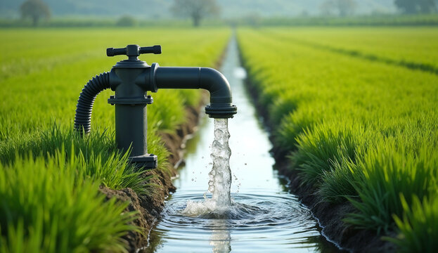 Water pump shoots a powerful stream of water into a narrow irrigation canal in the middle of a lush green agricultural field.