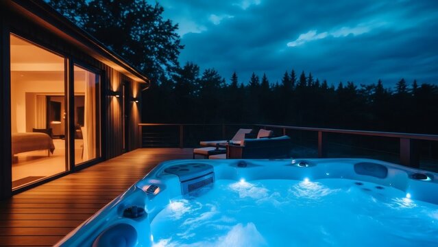 Hot Tub Bliss Nighttime Serenity in Modern Cabin Retreat.