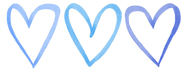 Blue Heart Shape Minimalist Watercolor with Grunge Outline on Transparent Background Collection of 3