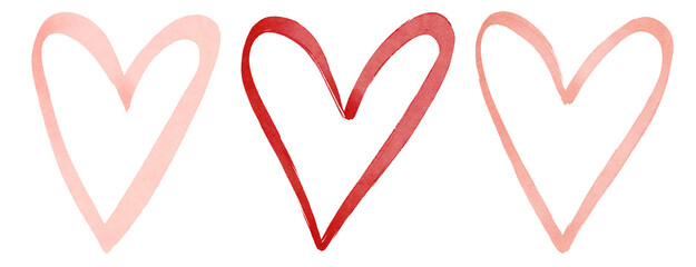 Heart Shape Minimalist Watercolor in Red and Blush with Grunge Outline on Transparent Background Collection of 3