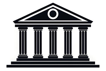 Stylized black and white vector illustration depicting a classic Greek temple facade featuring five prominent columns supporting a pediment structure with a central circular element suggesting formal 