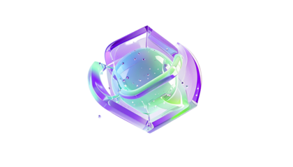 Abstract neon planet in geometric container, rendered against black