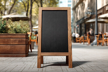 A sleek black menu board stands in a wooden frame outside a restaurant, ready to showcase delicious offerings to passersby on a vibrant city street
