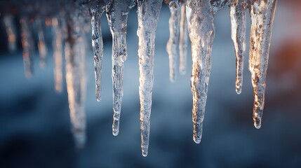Fototapeta premium Sunlit icicles hang, their crystalline forms shimmering against a blurred winter background. A dance of light and ice, capturing the fleeting beauty of frozen water.