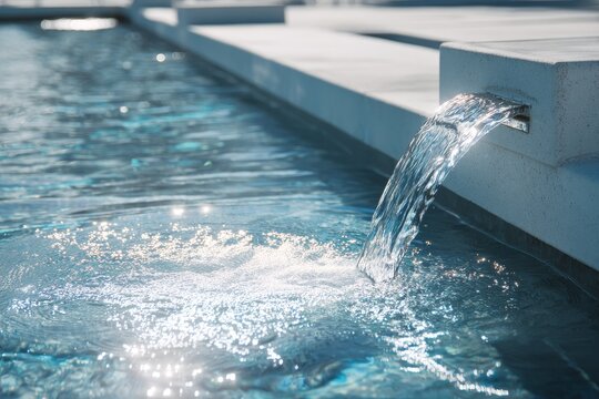 Close up of a modern stone fountain with a stream of clean water flowing into a swimming pool on a sunny day