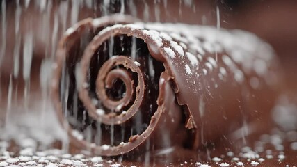 A delectable closeup shot of a perfectly formed chocolate curl showcasing its rich brown color and intricate spiral shape ready to be used as a gourmet garnish for desserts highlighting the luxurious.