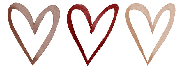 Brown and Dark Red Heart Shape Minimalist Watercolor with Grunge Outline on Transparent Background Collection of 3